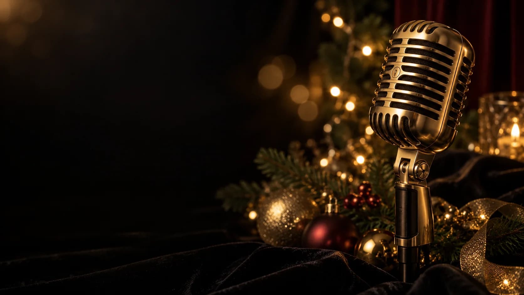 Gold karaoke microphone with understated Christmas decorations
